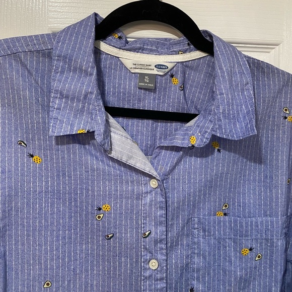 Old Navy Size XL The Classic Shirt Blue Stripe Avocado Pineapple Print Button - Picture 2 of 12